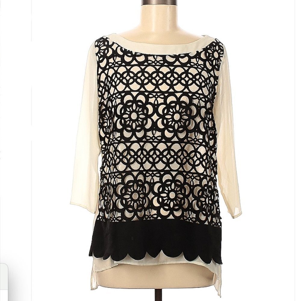 ATINA Cristina Cream & Black 3/4 Sleeve Sheer Blouse Size M